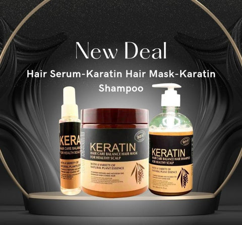 • Keratin shampoo, mask, and serum bundle deal. 3 in 1